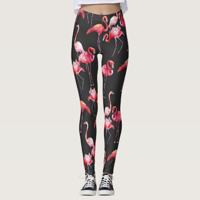 Pink Flamingo: Tropical Watercolor Pattern. Leggings (Front)