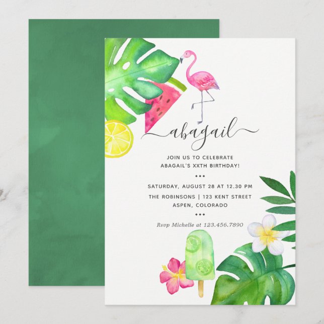 Pink Flamingo Tropical Watercolor Summer Birthday Invitation (Front/Back)
