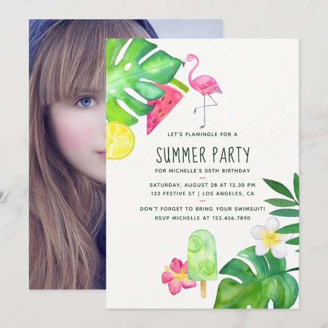 Pink Flamingo Tropical Watercolor Summer Birthday Invitation (Front/Back)