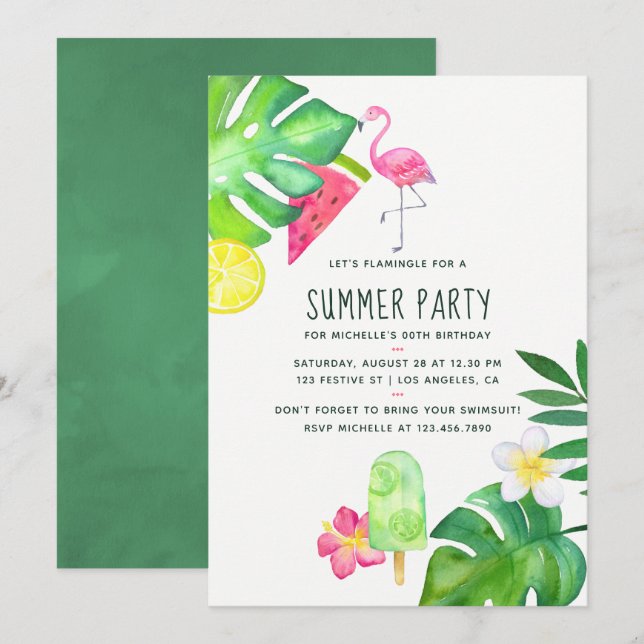 Pink Flamingo Tropical Watercolor Summer Birthday Invitation (Front/Back)