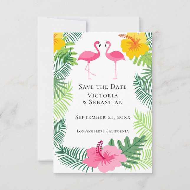 Pink Flamingo Tropical Wedding Save The Date (Front)
