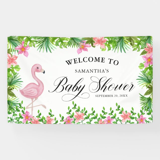 Pink Flamingo Tropical Welcome To Baby Shower Banner (Horizontal)