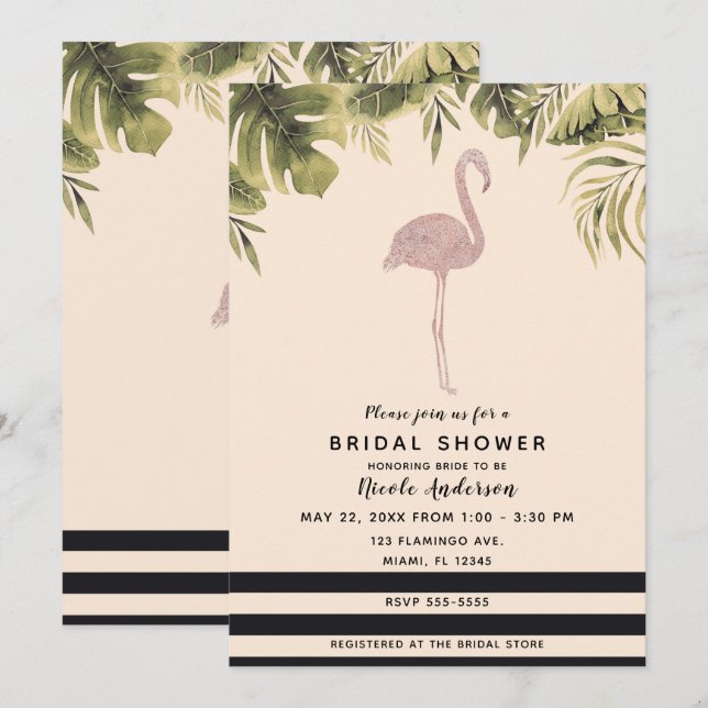 Pink Flamingo Tropical Yellow Cream Bridal Shower Invitation (Front/Back)
