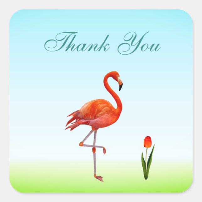 Pink Flamingo & Tulip Flower Thank You Square Stic Square Sticker (Front)