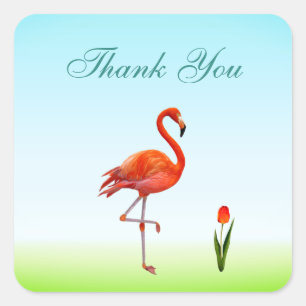 Pink Flamingo & Tulip Flower Thank You Square Stic Square Sticker