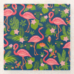 Pink Flamingo: Turquoise Striped Vintage Glass Coaster