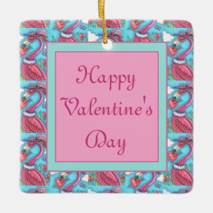 PINK FLAMINGO VALENTINE HEARTS, CUTE LOVE BIRDS CERAMIC ORNAMENT
