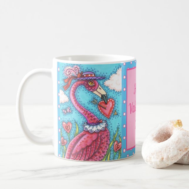 PINK FLAMINGO VALENTINE HEARTS, CUTE LOVE BIRDS COFFEE MUG (With Donut)