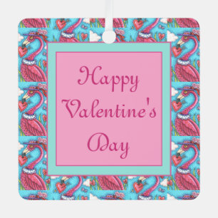 PINK FLAMINGO VALENTINE HEARTS, CUTE LOVE BIRDS METAL TREE DECORATION