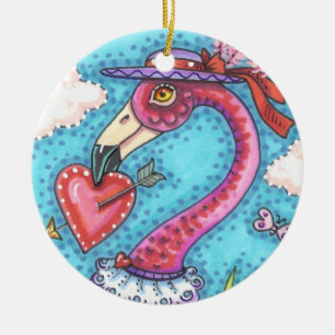 PINK FLAMINGO VALENTINE HEARTS, LOVE BIRD WHIMSY CERAMIC TREE DECORATION