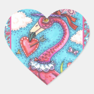 PINK FLAMINGO VALENTINE HEARTS, LOVE BIRD WHIMSY HEART STICKER
