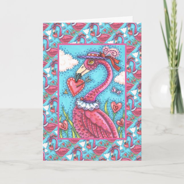 PINK FLAMINGO VALENTINE HEARTS, LOVE BIRD WHIMSY HOLIDAY CARD (Front)