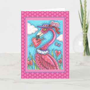 PINK FLAMINGO VALENTINE HEARTS, LOVE BIRD WHIMSY HOLIDAY CARD