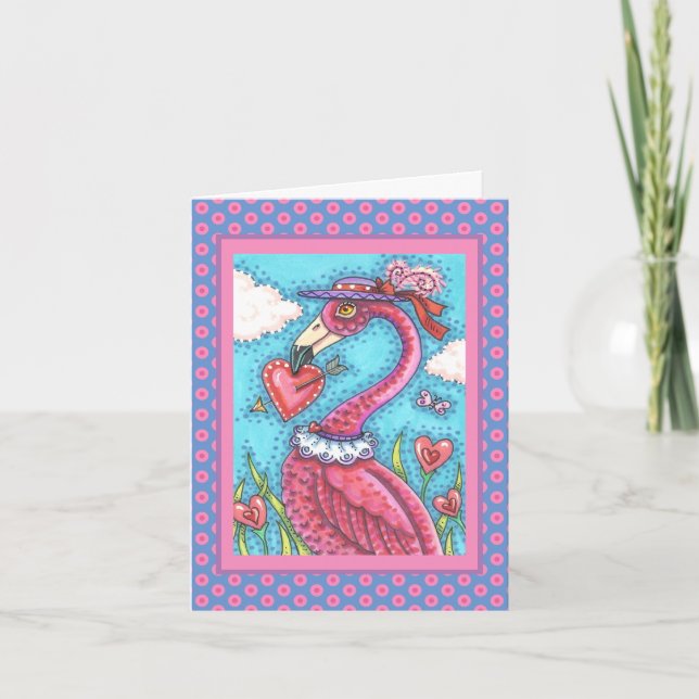 PINK FLAMINGO VALENTINE HEARTS, LOVE BIRD WHIMSY HOLIDAY CARD (Front)