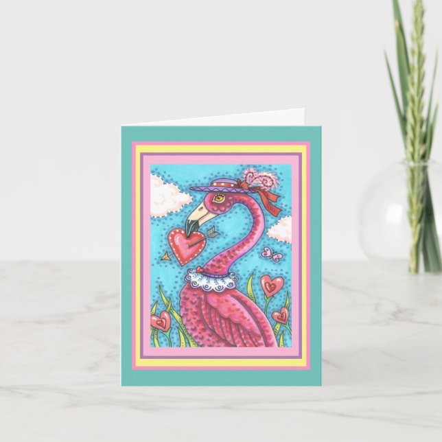 PINK FLAMINGO VALENTINE HEARTS, LOVE BIRD WHIMSY HOLIDAY CARD (Front)