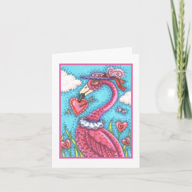 PINK FLAMINGO VALENTINE HEARTS, LOVE BIRD WHIMSY HOLIDAY CARD (Front)