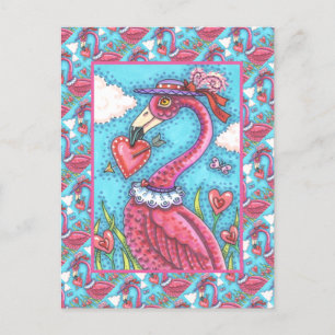 PINK FLAMINGO VALENTINE HEARTS, LOVE BIRD WHIMSY HOLIDAY POSTCARD