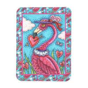 PINK FLAMINGO VALENTINE HEARTS, LOVE BIRD WHIMSY MAGNET
