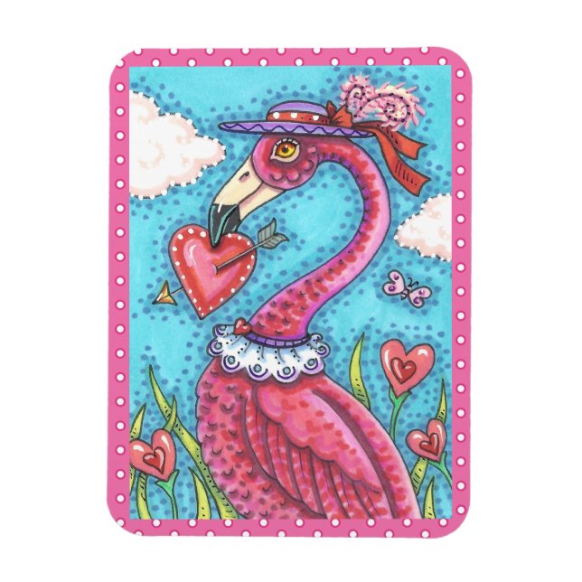 PINK FLAMINGO VALENTINE HEARTS, LOVE BIRD WHIMSY MAGNET (Vertical)