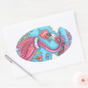 PINK FLAMINGO VALENTINE HEARTS, LOVE BIRD WHIMSY OVAL STICKER