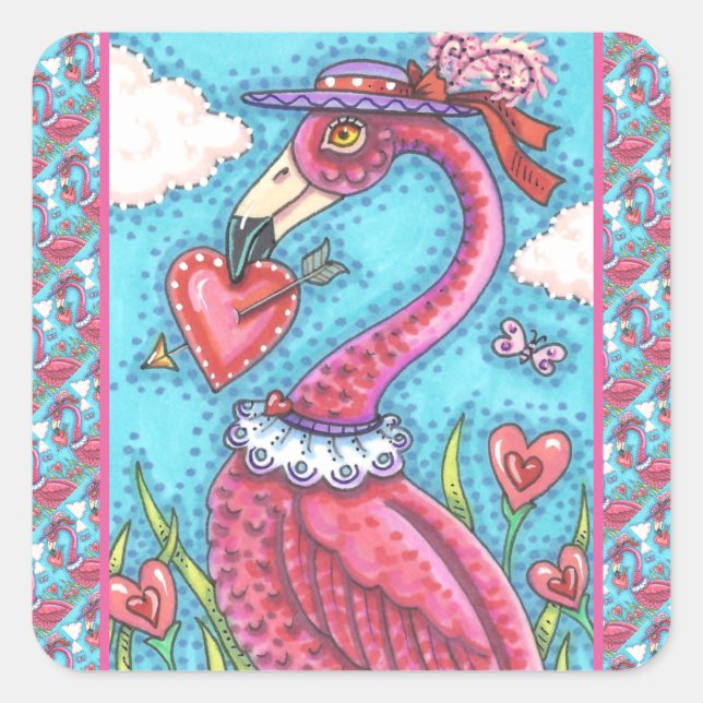 PINK FLAMINGO VALENTINE HEARTS, LOVE BIRD WHIMSY SQUARE STICKER (Front)
