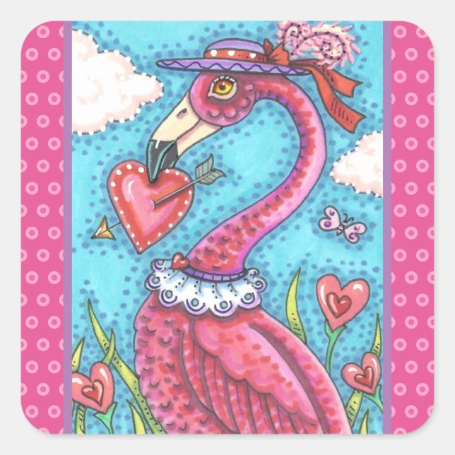 PINK FLAMINGO VALENTINE HEARTS, LOVE BIRD WHIMSY SQUARE STICKER (Front)