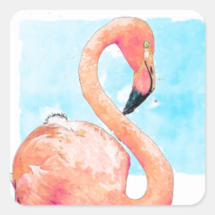 Pink Flamingo Valentine's Day Watercolor Square Sticker
