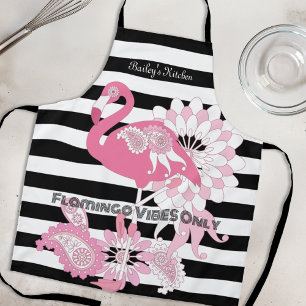Pink Flamingo Vibes Only Black & White Striped Apron