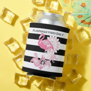 Pink Flamingo Vibes Only Black & White Striped Can Cooler
