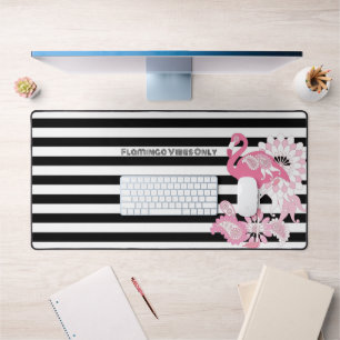 Pink Flamingo Vibes Only Black & White Striped Desk Mat