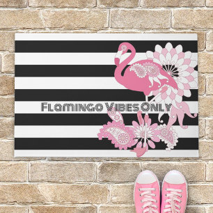 Pink Flamingo Vibes Only Black & White Striped Doormat