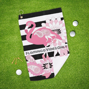 Pink Flamingo Vibes Only Black & White Striped Golf Towel