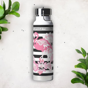 Pink Flamingo Vibes Only Black & White Striped Water Bottle