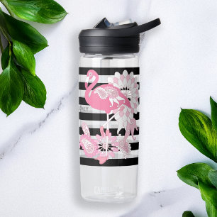 Pink Flamingo Vibes Only Black & White Striped Water Bottle
