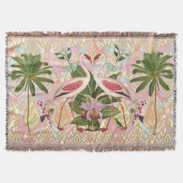 Pink Flamingo Vintage Design Woven Throw Blanket (Front)