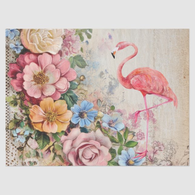 Pink Flamingo & Vintage Floral Decoupage  Tissue Paper (Front)