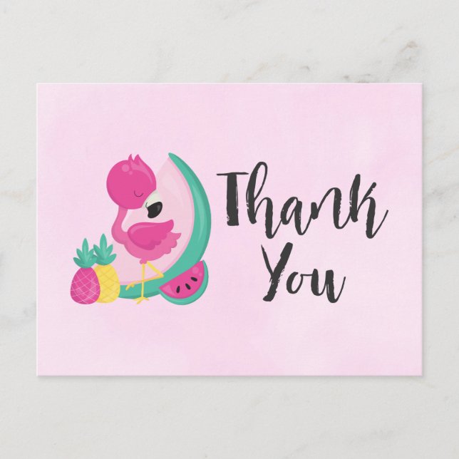 Pink Flamingo w/ Tropical Fruits on Pink Thank You Postcard (Front)