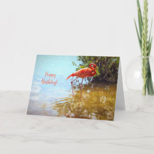Pink Flamingo wading in water Happy Birthday Card