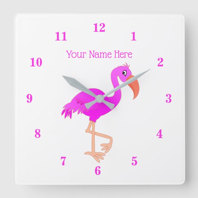 Pink Flamingo Wall Clock with Custom Text Name (Front)