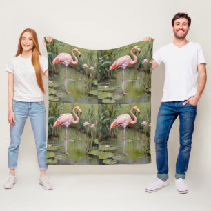 Pink Flamingo Water Lilies And Reeds Oil Painting, Fleece Blanket