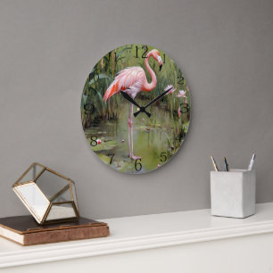 Pink Flamingo Water Lilies And Reeds Oil Painting, Large Clock