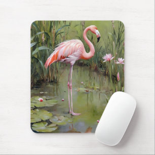 Pink Flamingo Water Lilies And Reeds Oil Painting, Mouse Mat