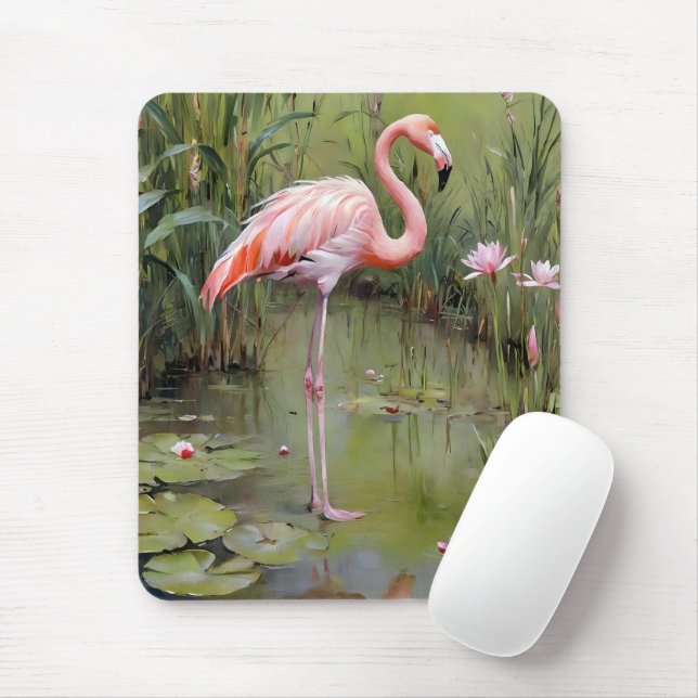 Pink Flamingo Water Lilies And Reeds Oil Painting, Mouse Mat (With Mouse)