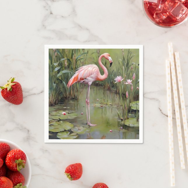 Pink Flamingo Water Lilies And Reeds Oil Painting, Napkin (Insitu)
