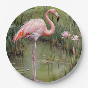 Pink Flamingo Water Lilies And Reeds Oil Painting, Paper Plate