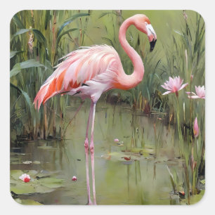 Pink Flamingo Water Lilies And Reeds Oil Painting, Square Sticker
