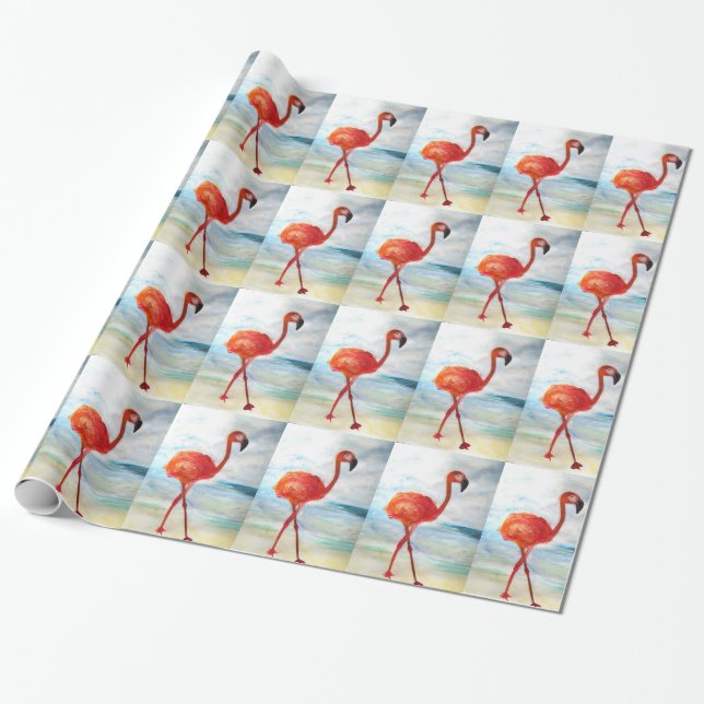Pink Flamingo Watercolor Glossy Wrapping Paper (Unrolled)
