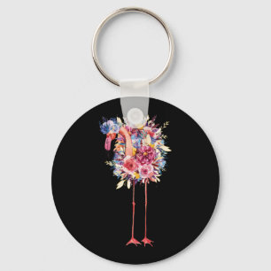 Pink Flamingo Watercolor Hawaiian Flowers Floral Key Ring