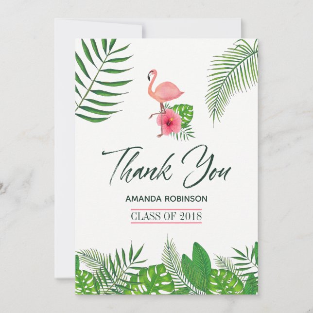 Pink Flamingo Watercolor Luau Graduation Thank You Announcement (Front)