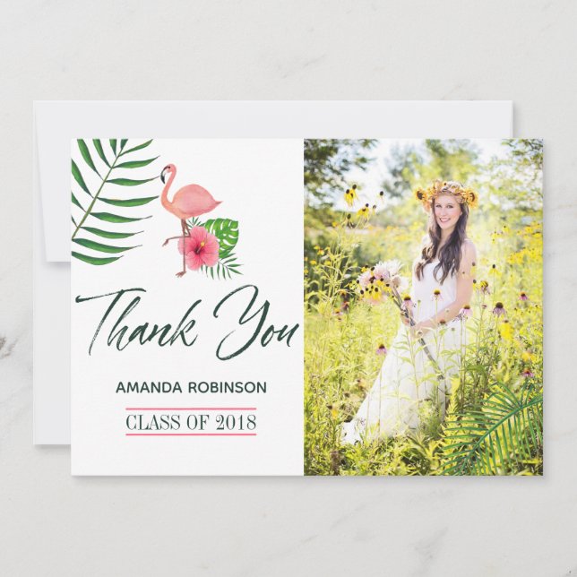 Pink Flamingo Watercolor Luau Graduation Thank You Card (Front)